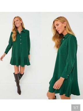 Tuckernuck green Crepe Callahan Shirt Dress long sleeve ruffle spring party $200